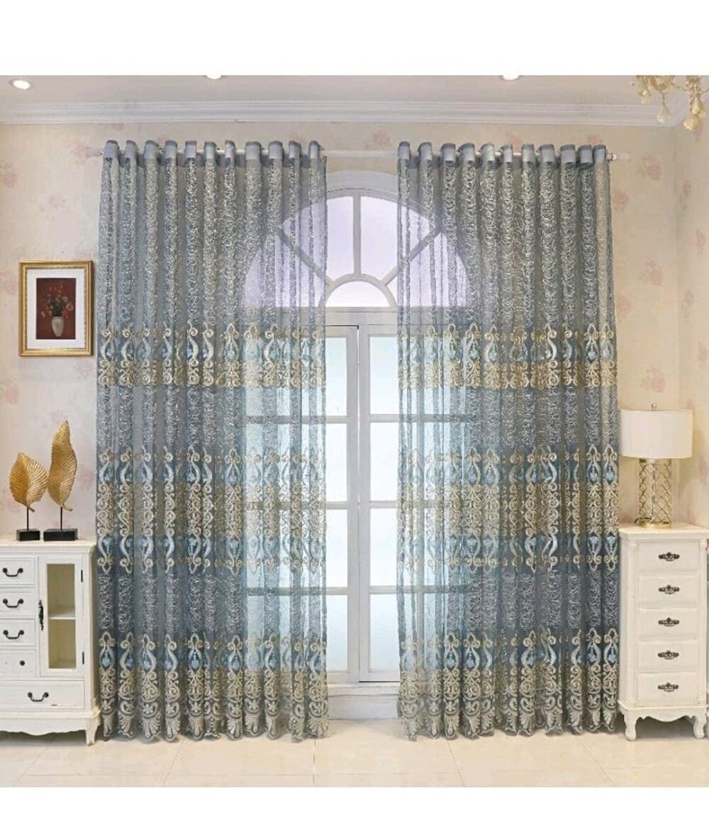 Amidoudou 1 Pair European Jacquard Sheer Curtains Embroidered Tulle Curtains